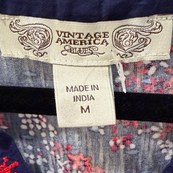 Vintage America Jolita Top V Neck 3/4 Roll Tab Sleeves Navy Print Size M - Picture 12 of 14